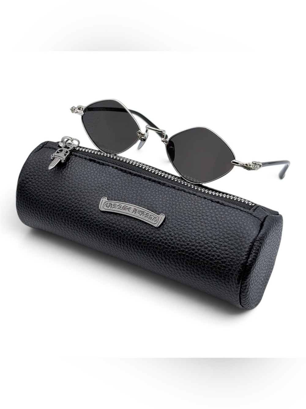 Chrome Hearts Black Pebbled Leather Cylinder Case with Silver Accents